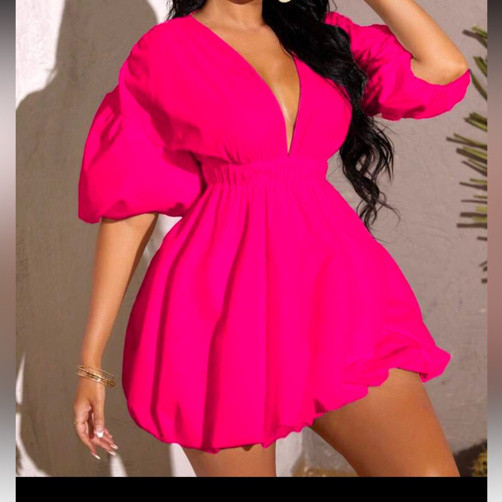SHEIN Pink Fit and Flare Mini Dress with Puff Sleeves